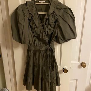 Remy Puff Ruffle Dress in Olive Size Medium Fits Like A Small